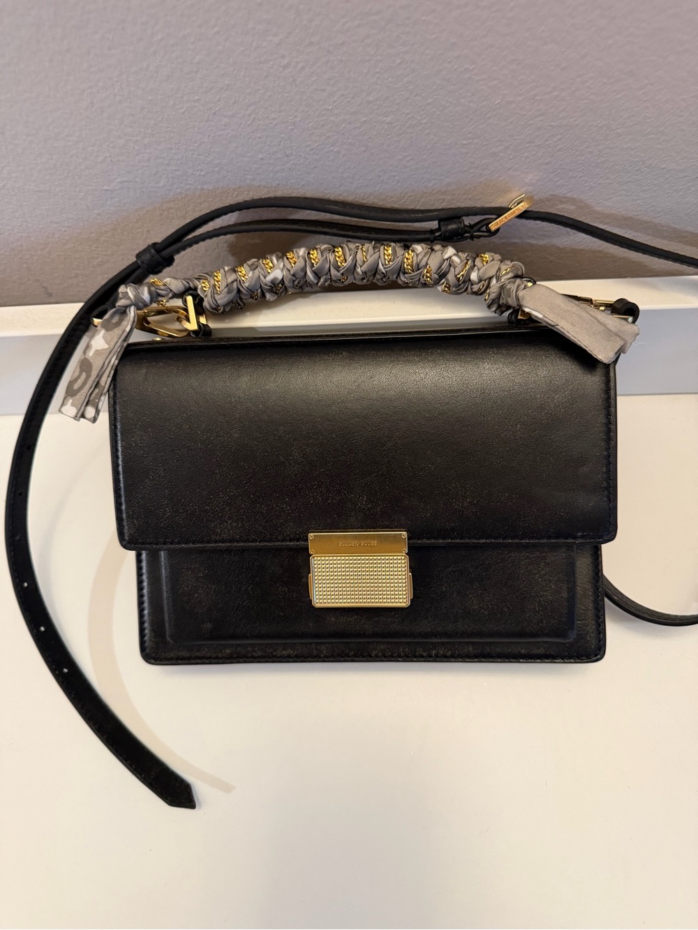 Golden Goose Black Boarded Leather Small Venezia Crossbody Bag Gold Hardware